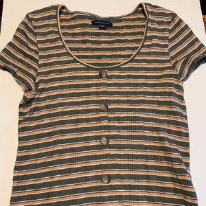 American Eagle Olive/Gold/White stripped short sleeve